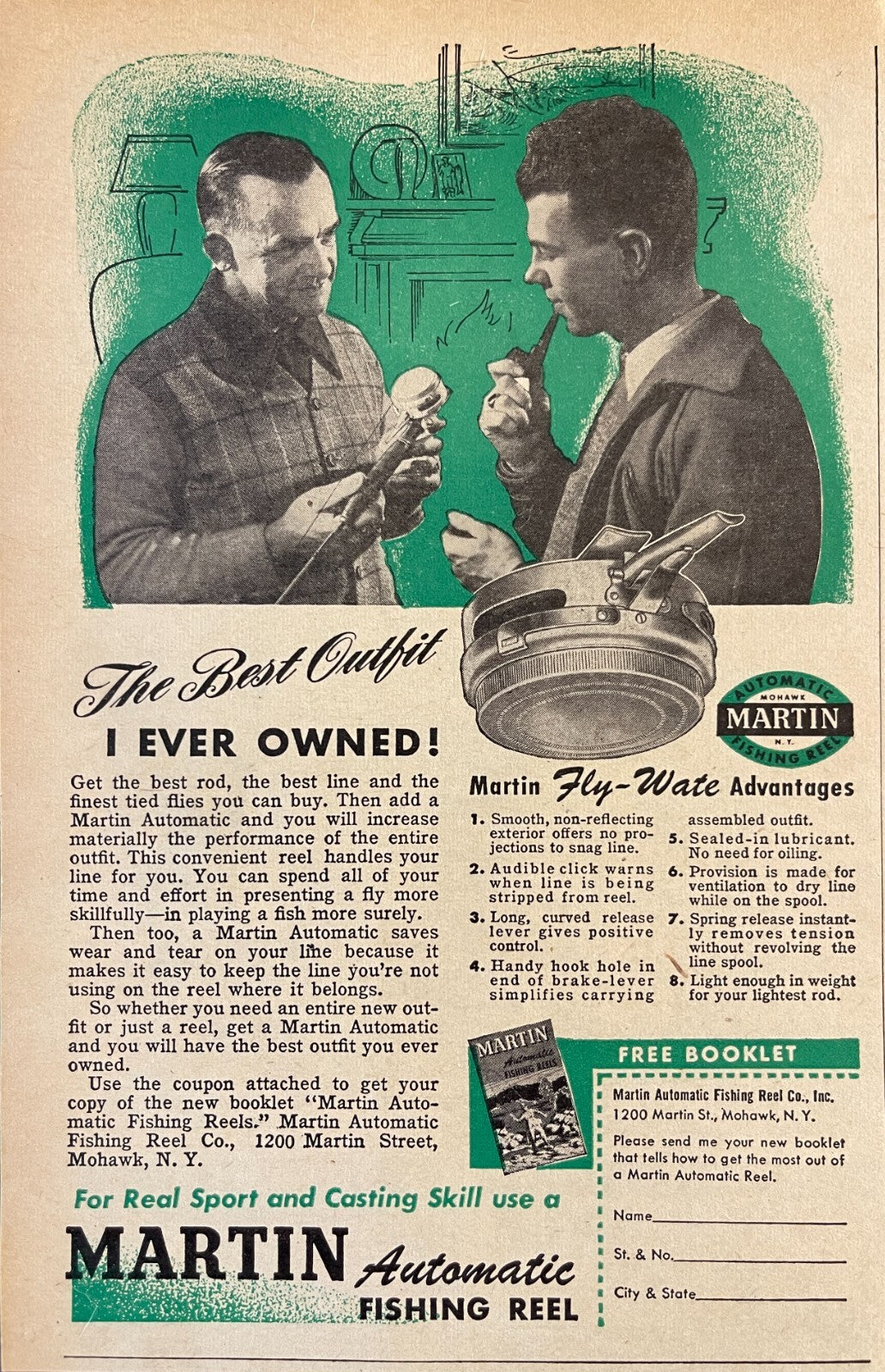 1945 Martin Automatic Fly Reel Fly Wate Vintage Fishing Magazine Ad – Adirondack Retro