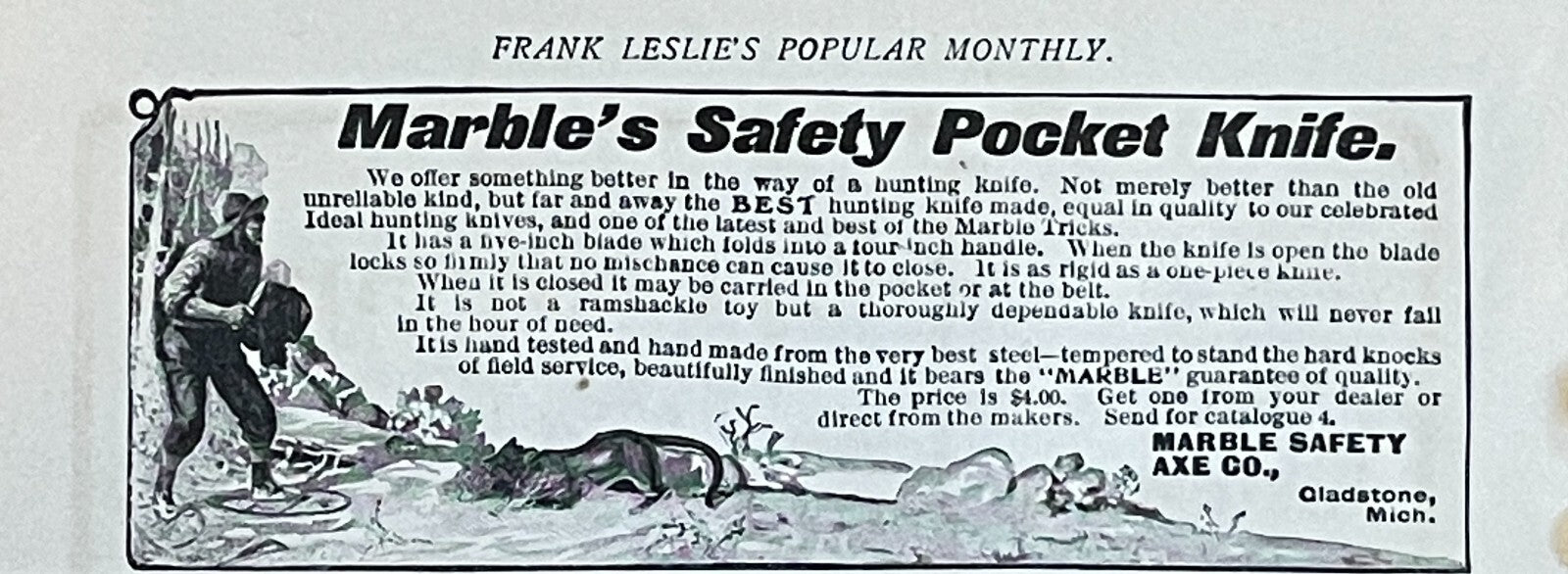 1903 Marble Safety Pocket Knife Antique Print Ad Hunting Knife Gladstone MI