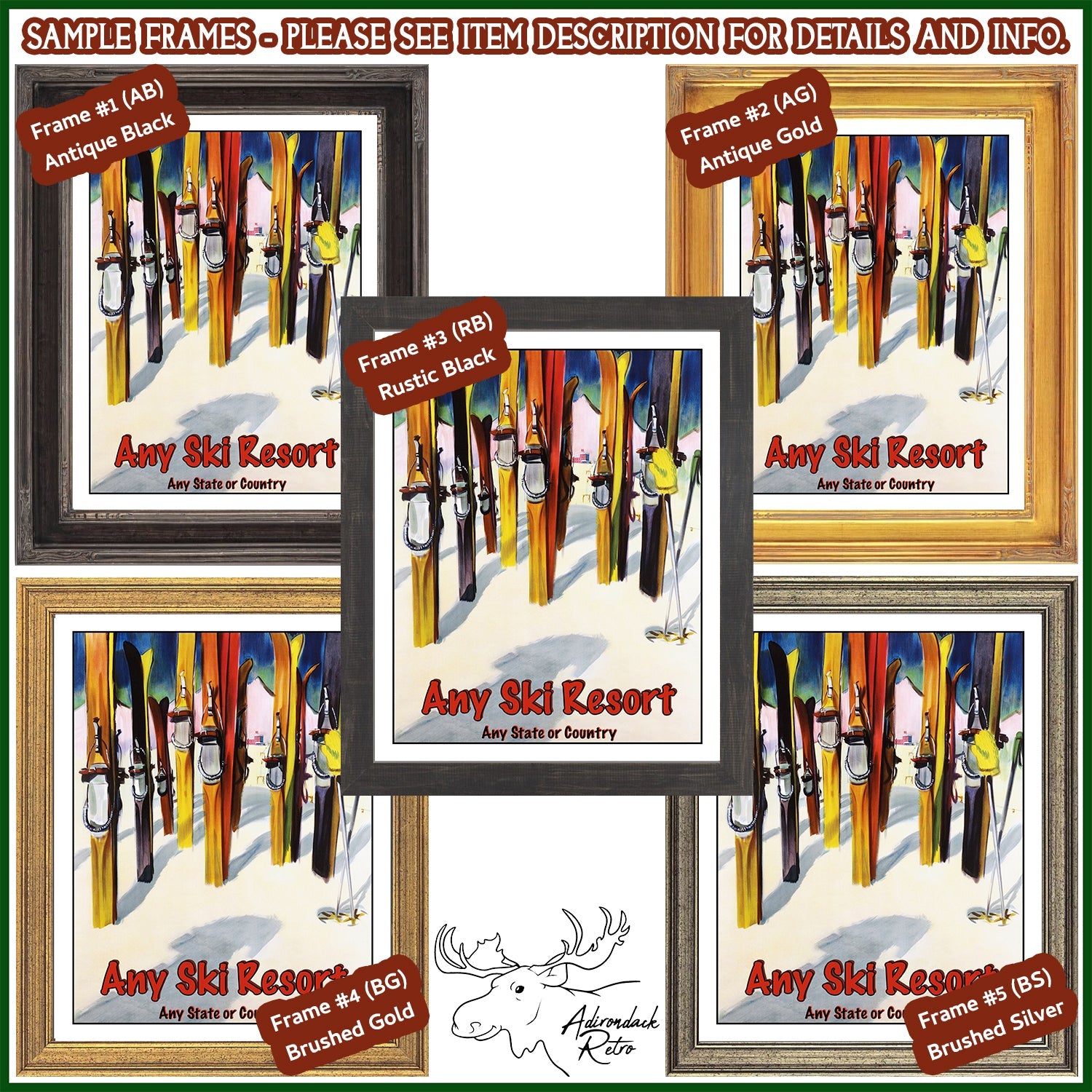 a set of three framed pictures of skis