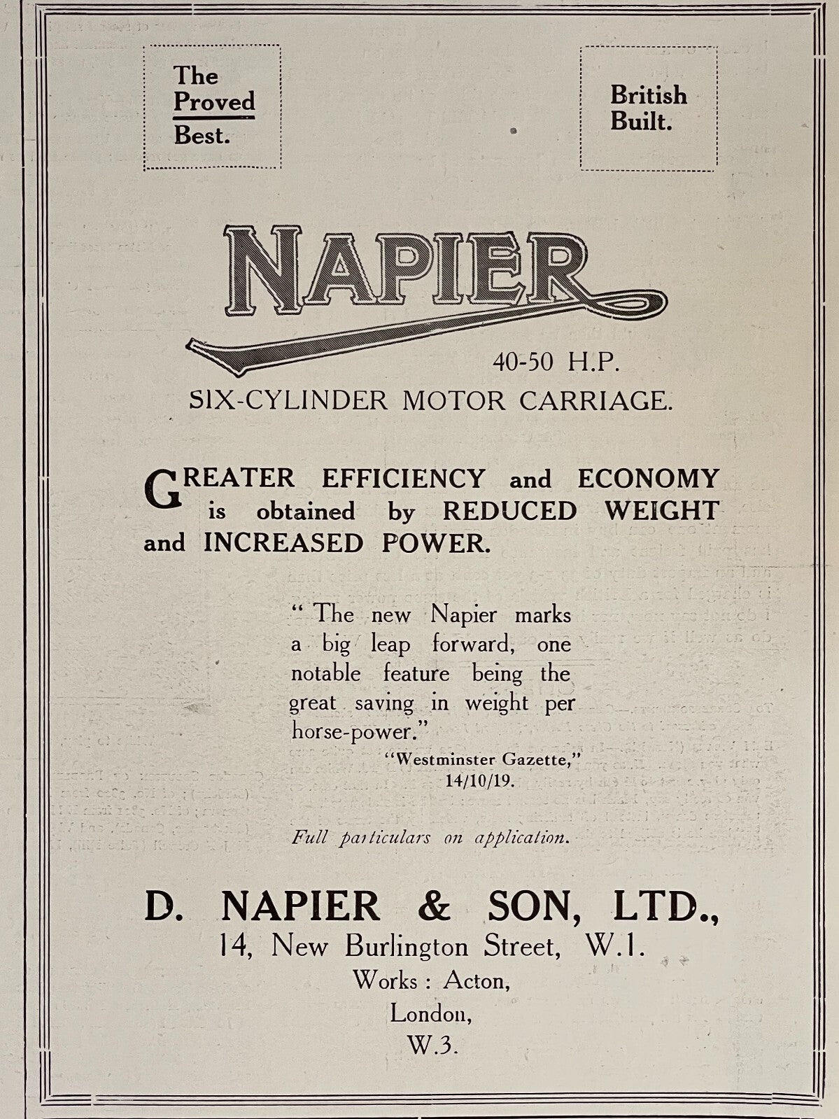 1919 Napier Six Cylinder British Car Antique Print Ad Motor Car Automobile