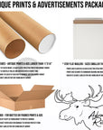 The image is a collage of various packaging items, including shipping tubes, flat mailers, and a shipping box, along with a moose illustration.