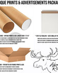 The image is a collage of various packaging items, including shipping tubes, flat mailers, and a shipping box, along with a moose illustration.