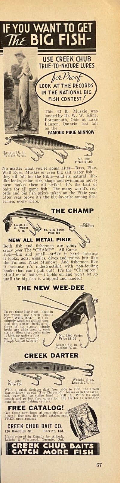 1943 Creek Chub Fishing Lures Print Ad