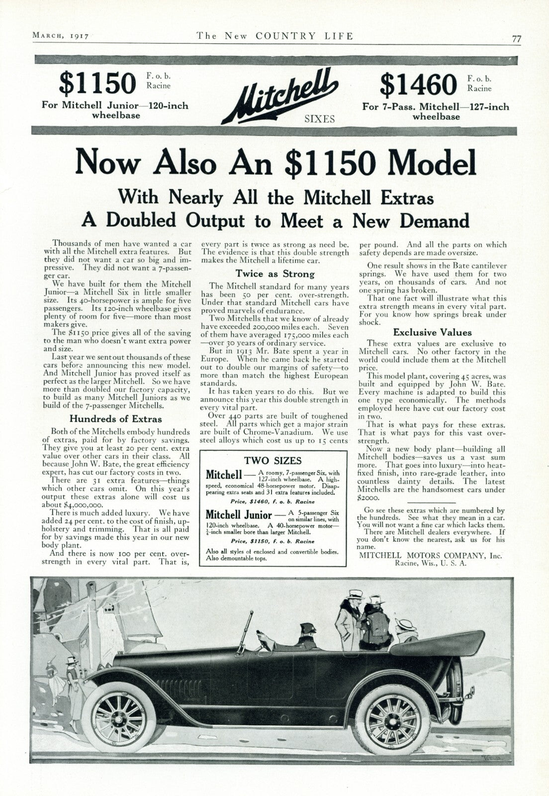 1917 Mitchell Motors Antique Car Illustrated Print Ad John W. Bate Mitchell Jr.