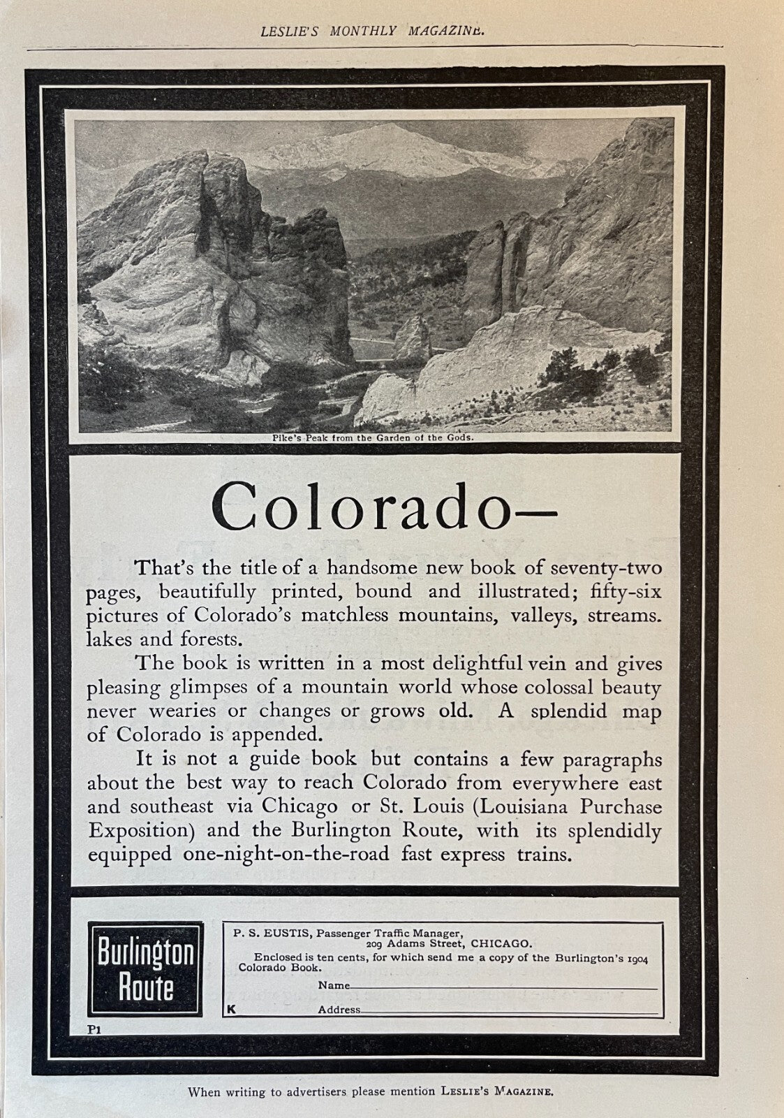1904 Chicago Burlington & Quincy Railroad Print Ad Pike's Peak CB&Q The Q