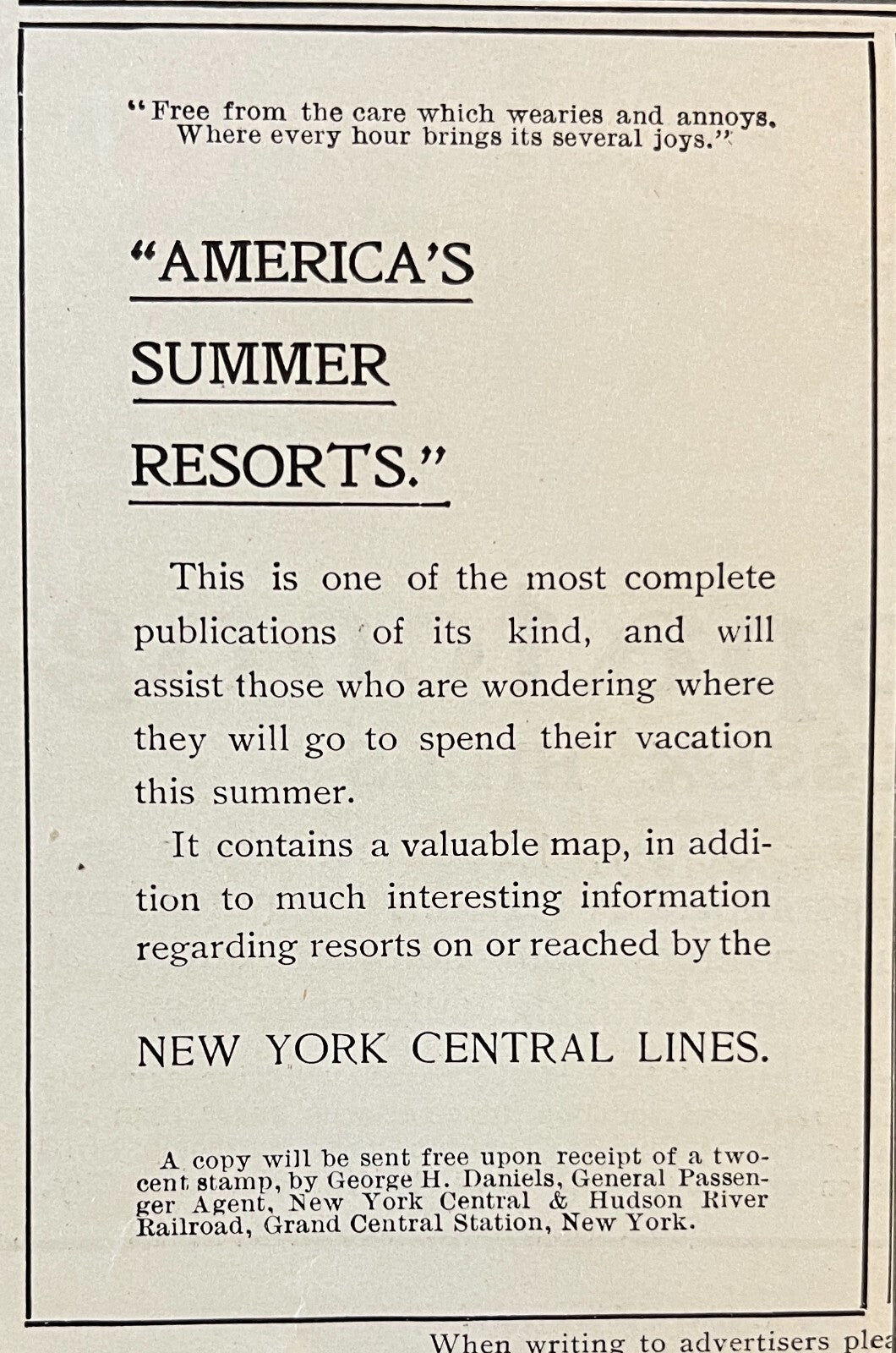 1904 New York Central Railroad Print Ad Railway America's Summer Resorts