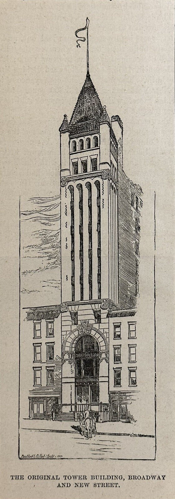 1893 The Original Tower Building, Broadway, New Street Antique Wood  Engraving – Adirondack Retro, image size:562x1600