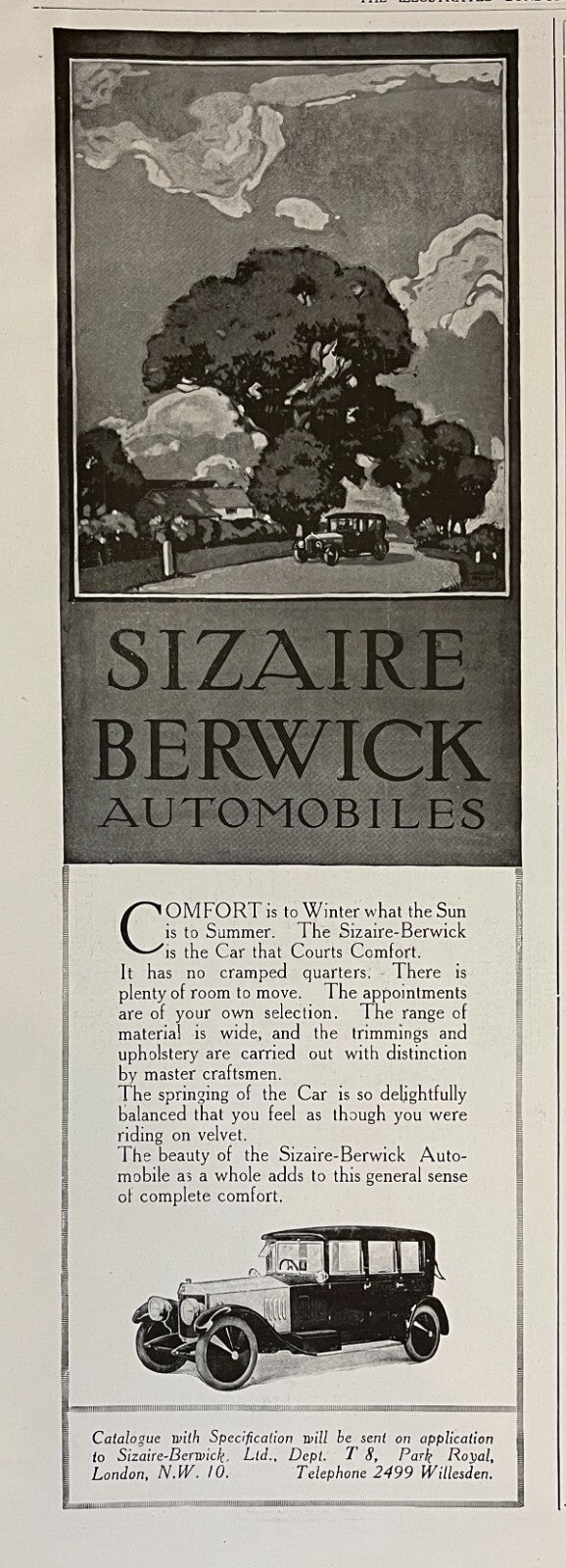 1919 Sizaire Berwick British Car Antique Print Ad Motor Car Automobile London