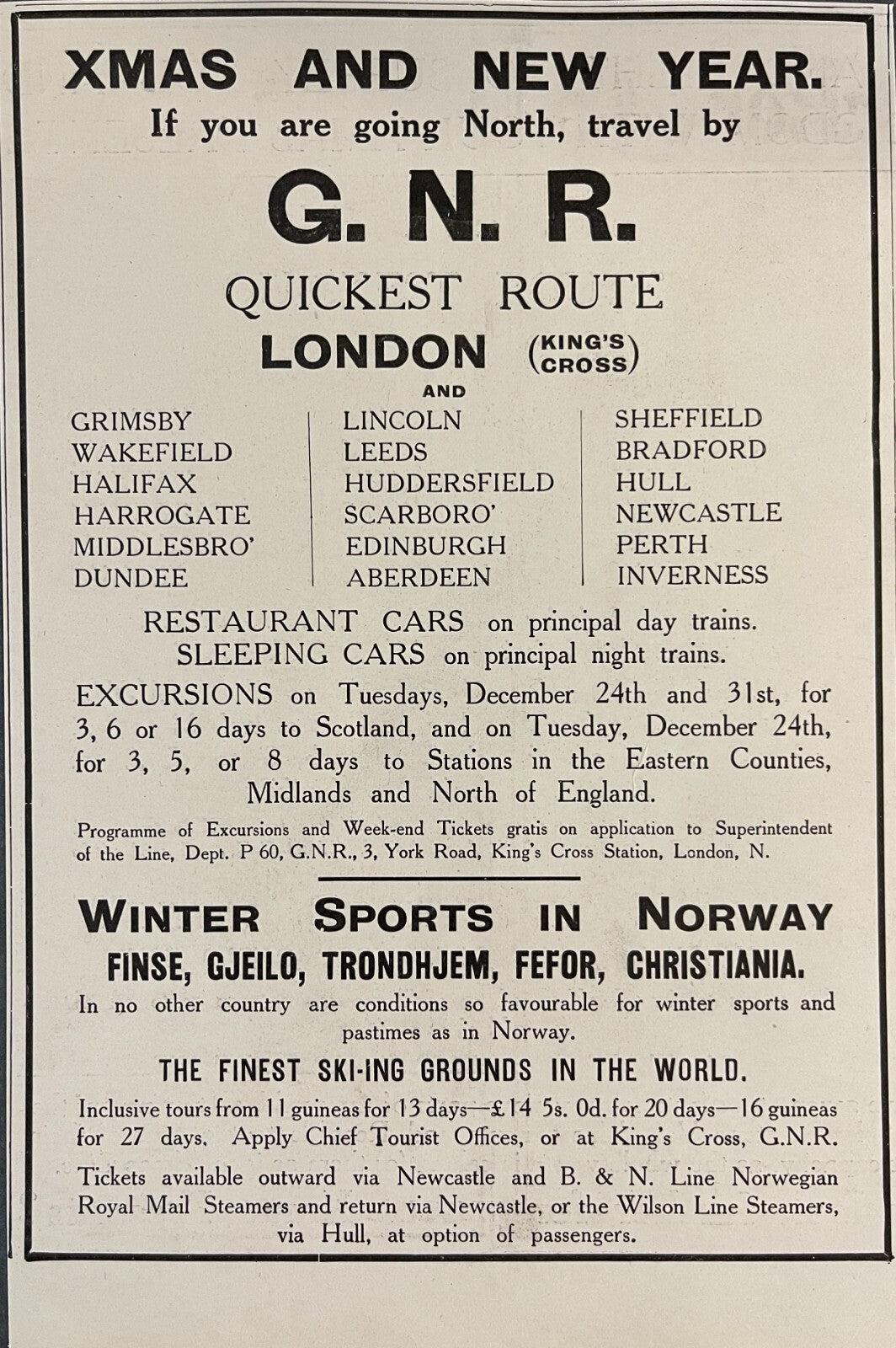 1912 G.N.R. Great Northern Railway Railroad Print Ad  XMAS New Year King's Cross