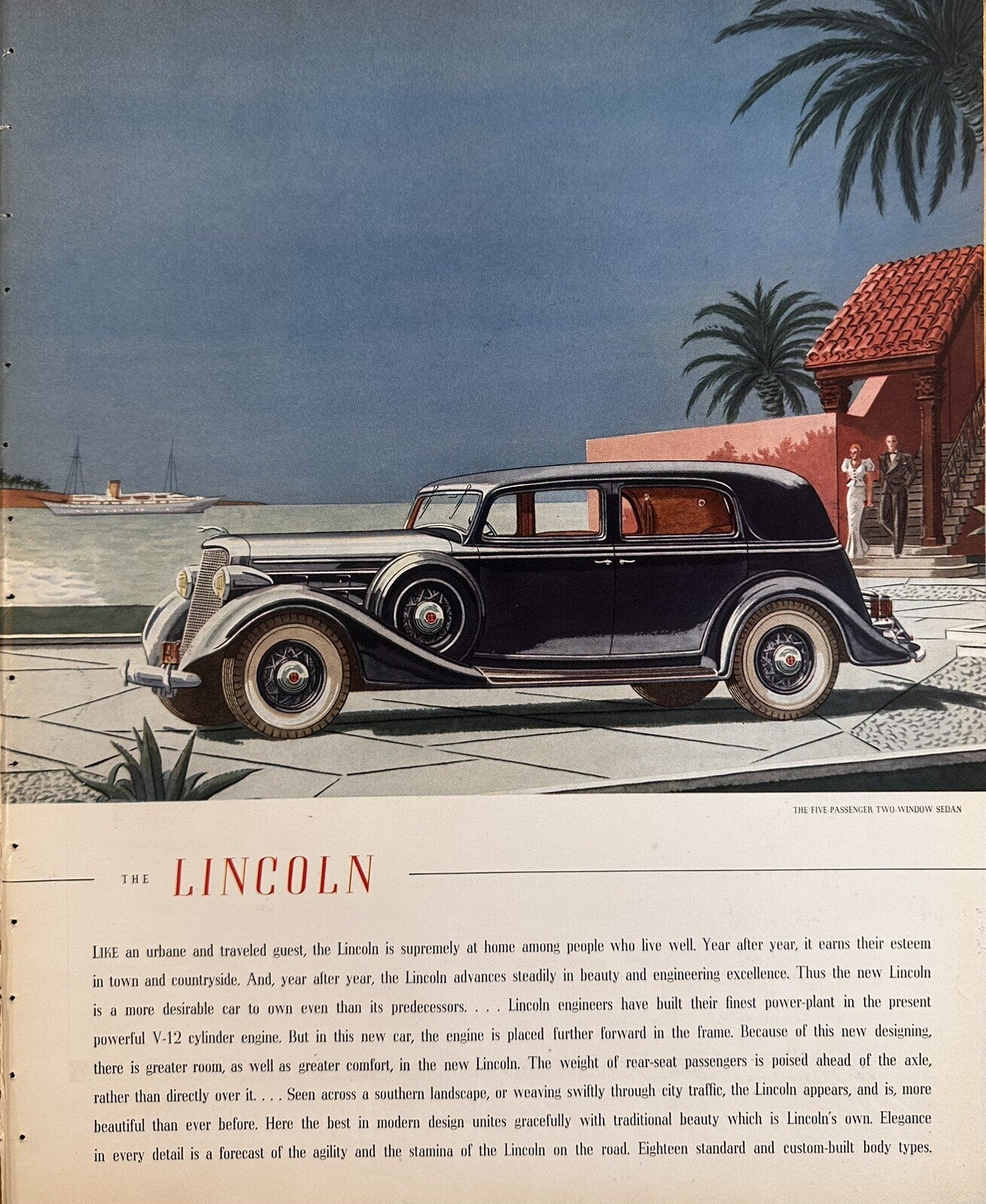 1935 Lincoln Five Passenger Two Window Sedan Cruise Ship Palm V12 Trees Print Ad