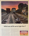 1945 ALCO American Locomotive Railroad Print Ad Trains Sunset Train Tracks