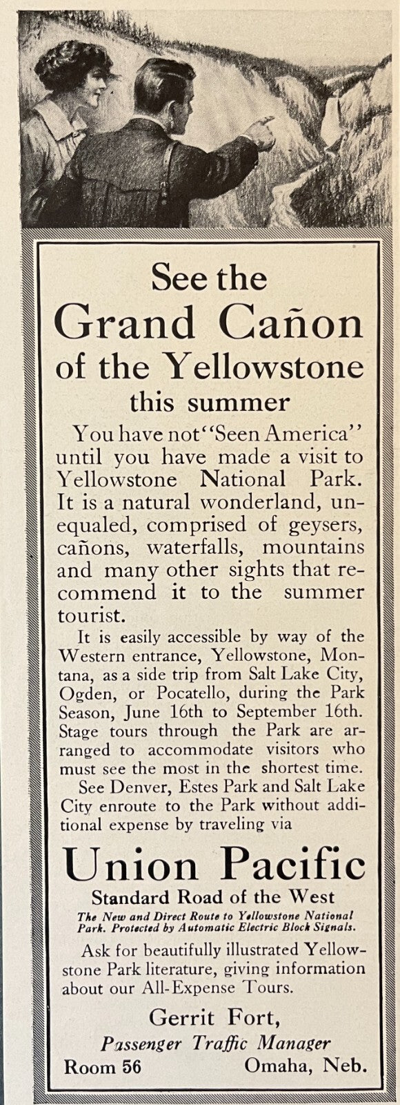 1913 Union Pacific Railroad Print Ad Grand Canyon Yellowstone Railway Travel Ad