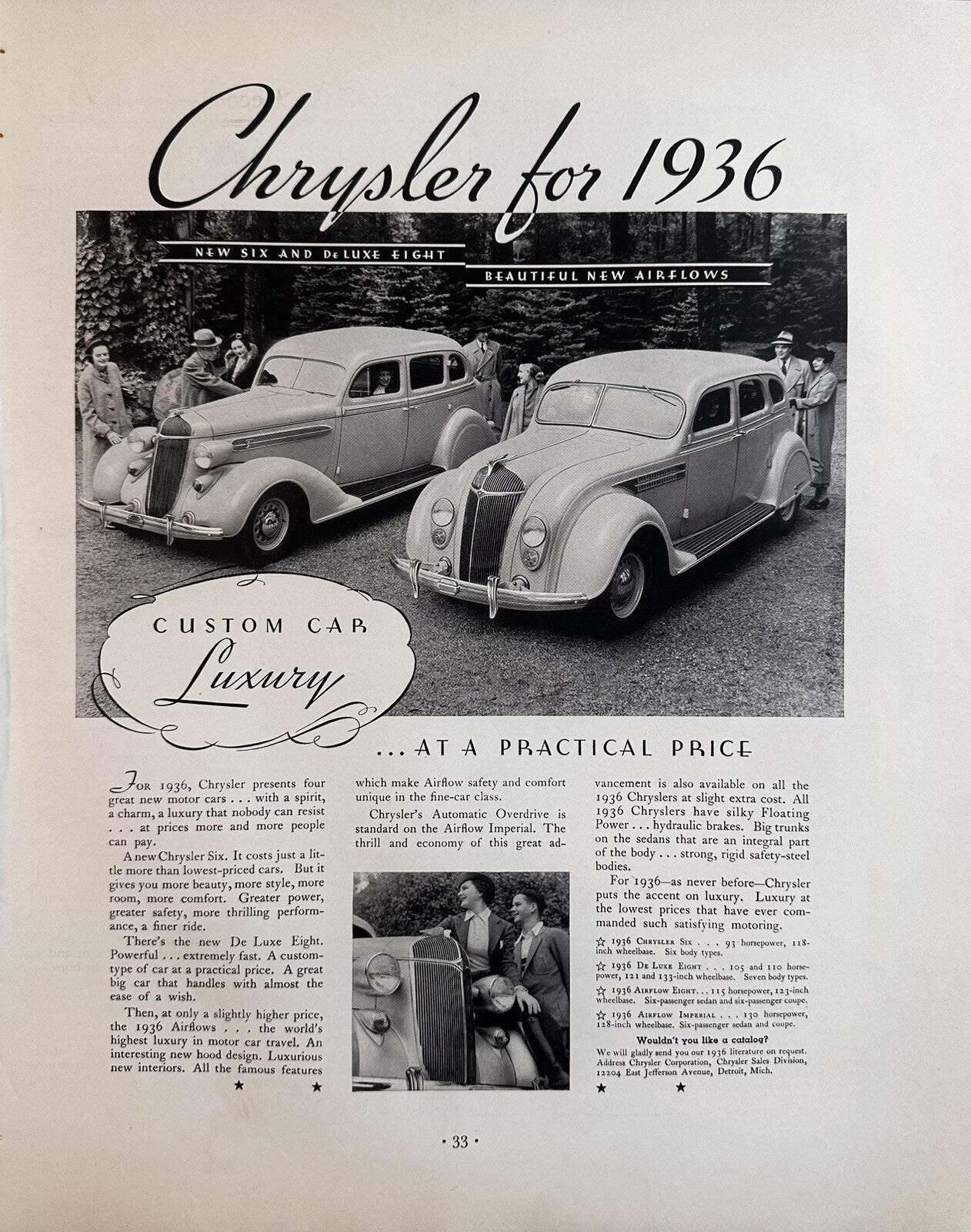 1935 Chrysler Airflows Six DeLuxe Eight Model Year 1936 Cars Vintage Print Ad