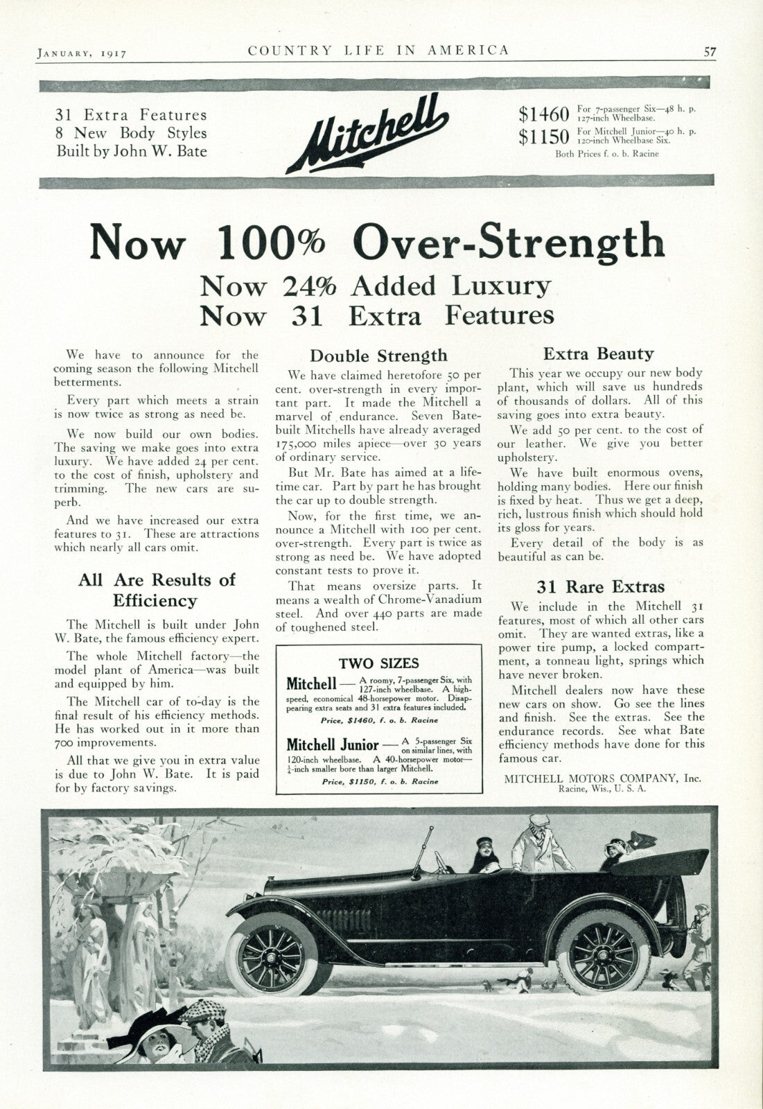 1917 Mitchell Motors Antique Car Illustrated Print Ad John W. Bate Mitchell Six