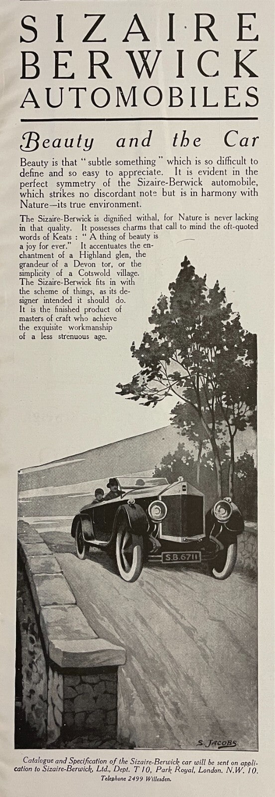 1919 Sizaire Berwick British Car Antique Print Ad S. Jacobs Art London Motor Car