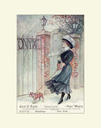 The image is a vintage advertisement featuring a woman in a long dress and hat walking a dog in front of a wrought iron gate.