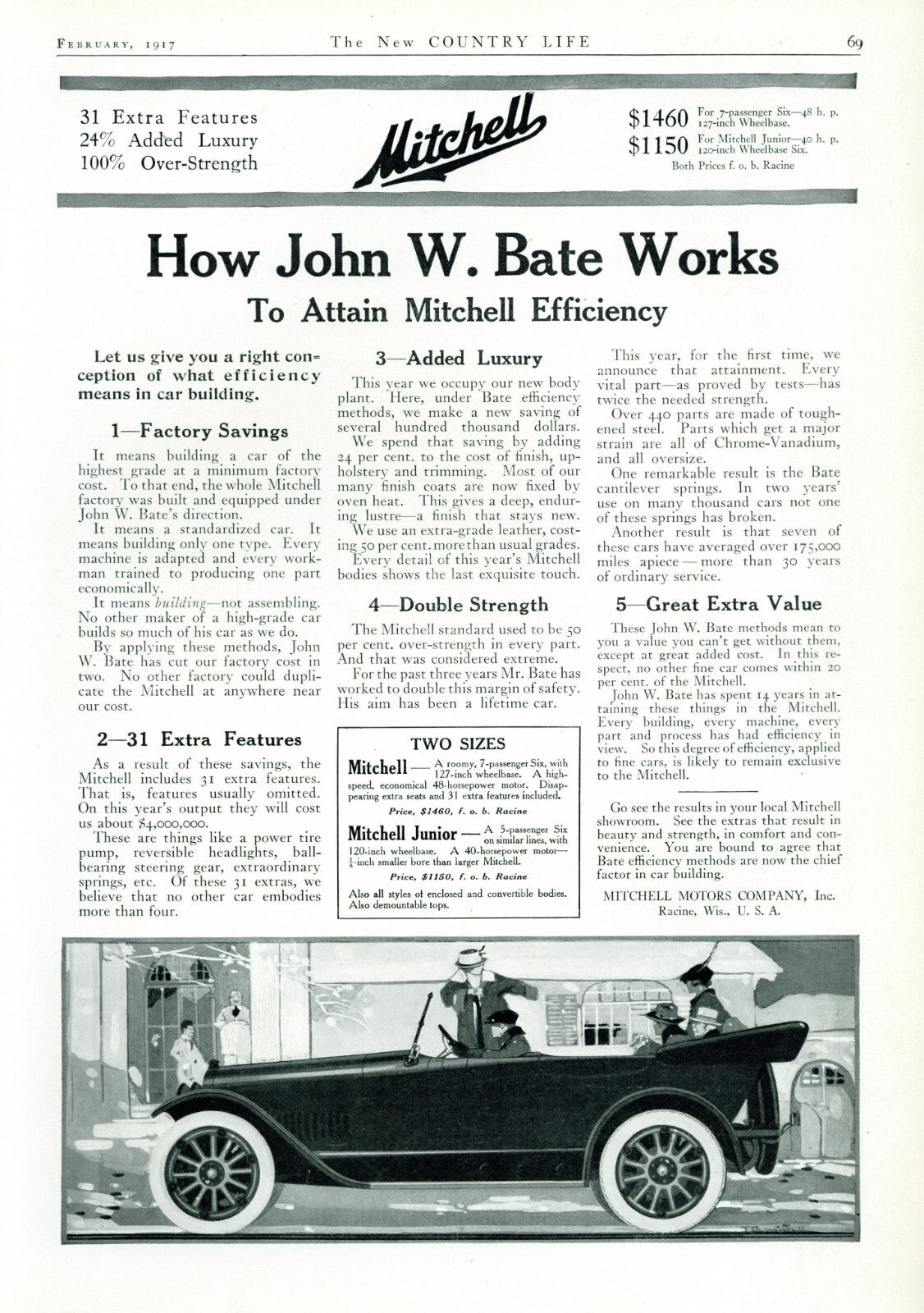 1917 Mitchell Motors Antique Car Illustrated Print Ad John W. Bate Racine WI