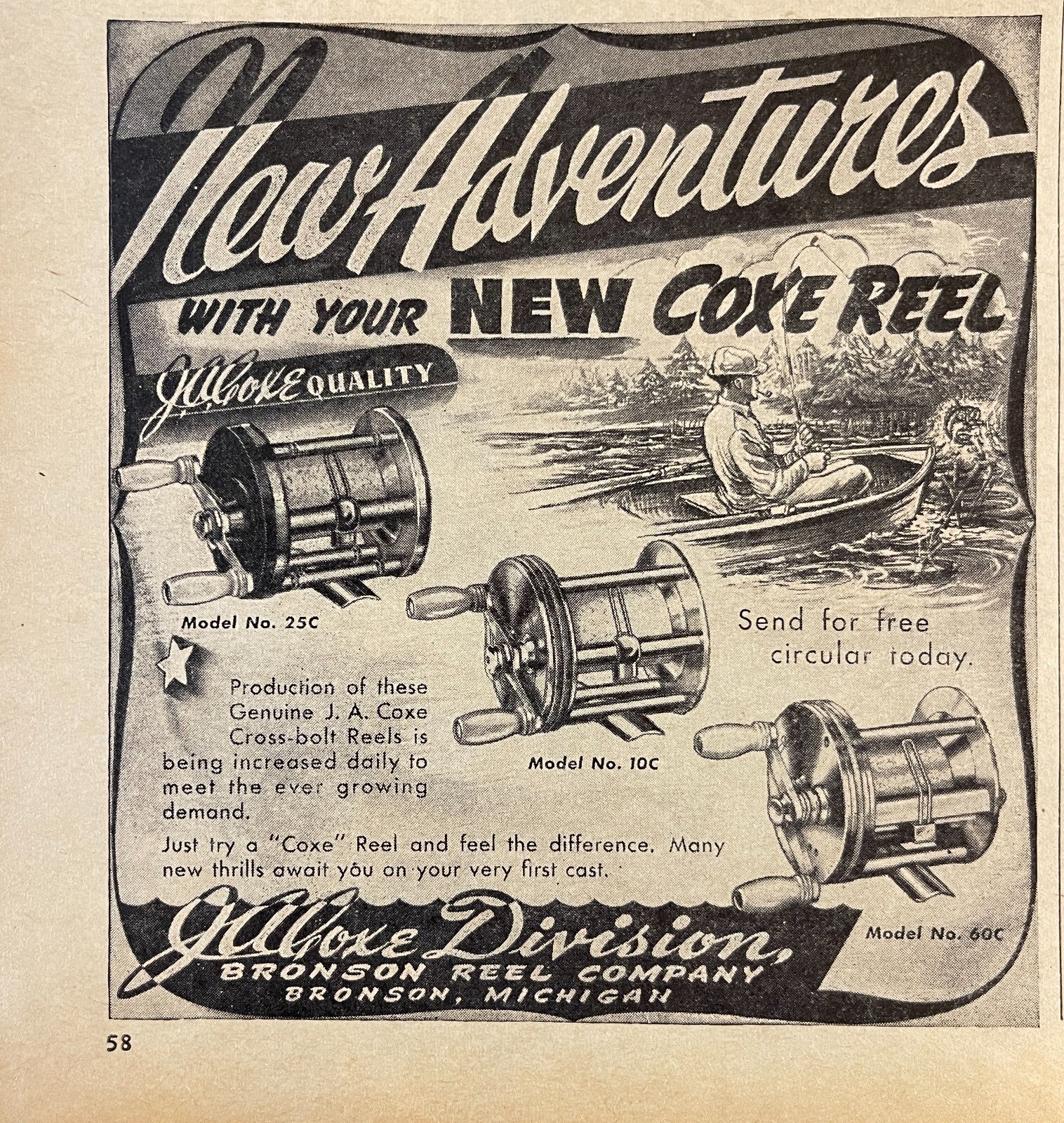 bronson fishing reels 1946 Coxe Bronson Fishing Reels Print Ad Models 10C-60C-25C Bronson Michigan