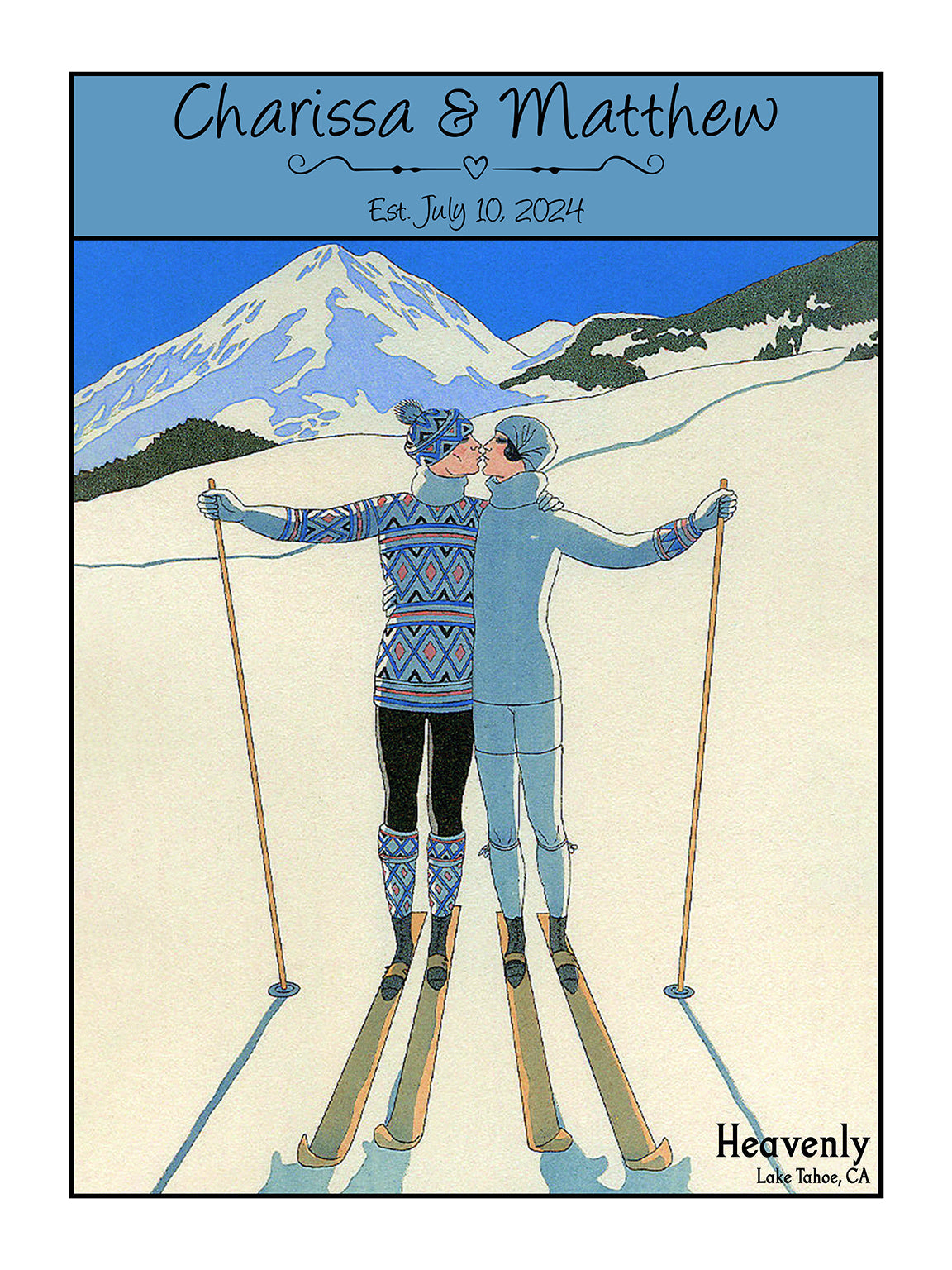 a couple of people riding skis on top of a snow covered slope