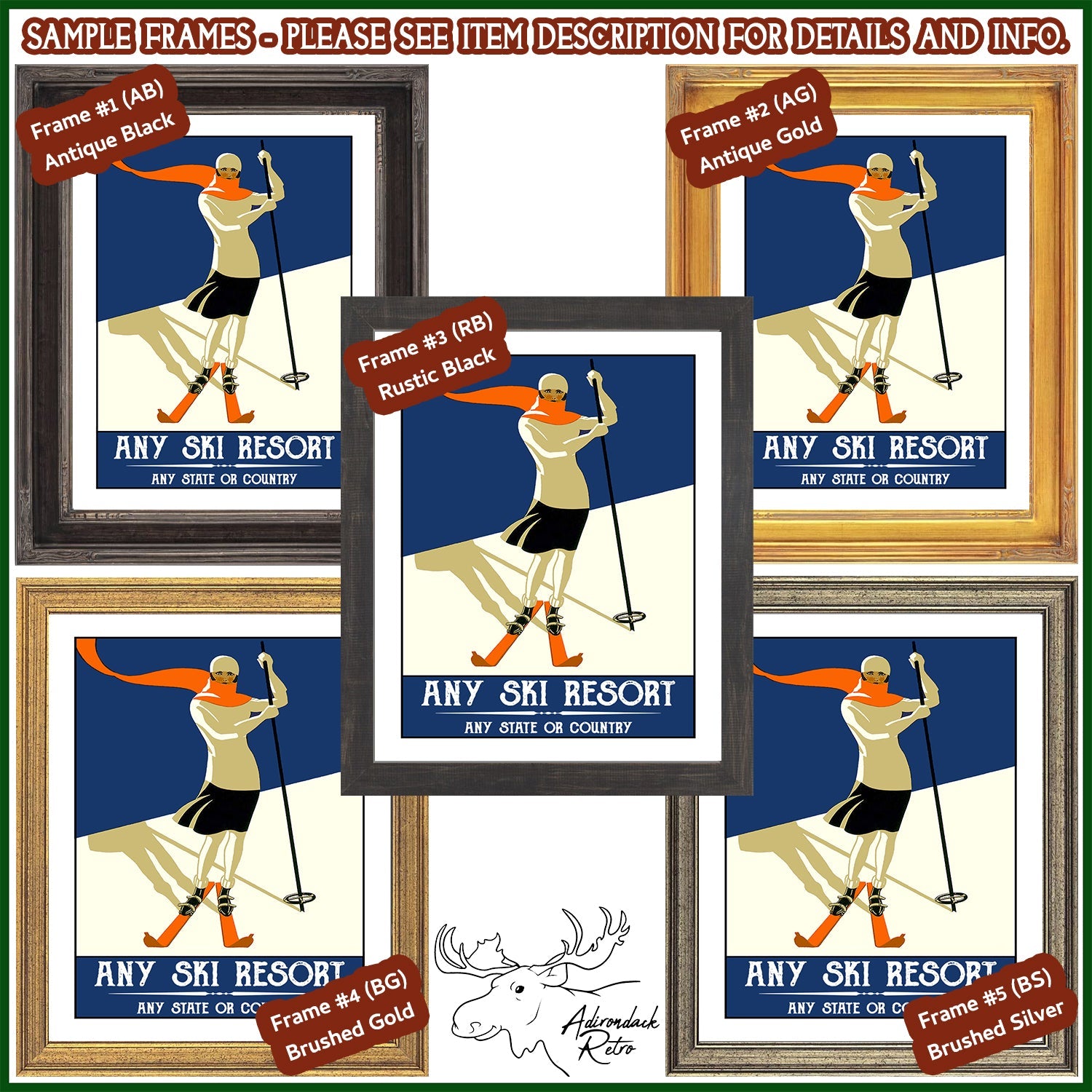 a set of four framed pictures of a skier