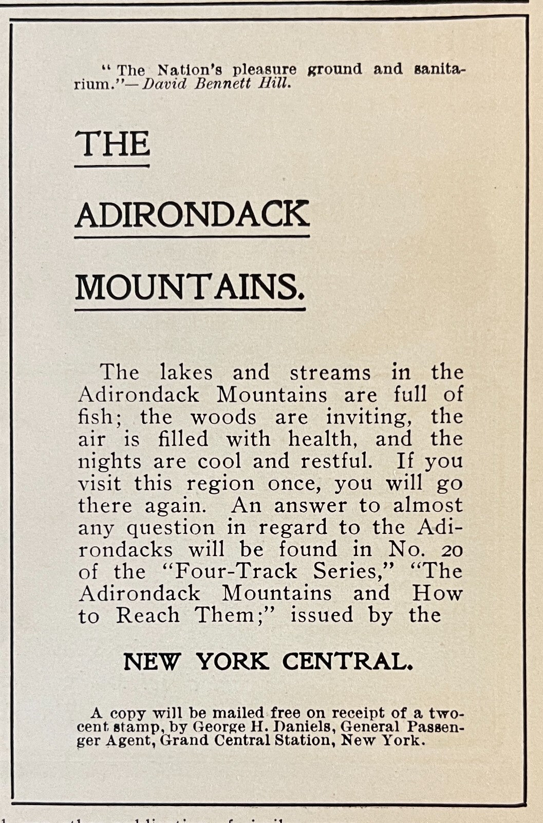 1904 New York Central Railroad Print Ad Railway The Adirondack Mountains