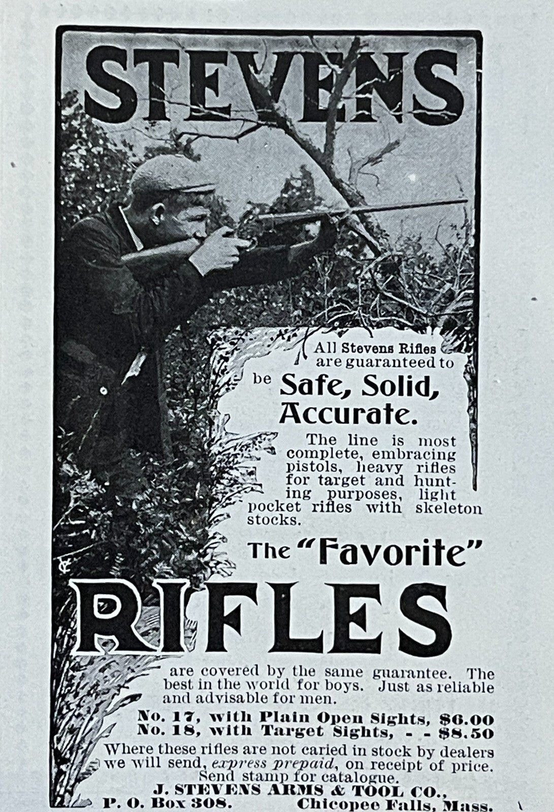 1899 Stevens Rifles Antique Print Ad Chicopee Falls MA Hunting Gun Ad