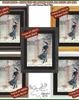 The image is a collage of five framed artworks depicting a woman walking a dog in various styles of framing, including antique black, antique gold, rustic brown, rustic white, and a black and white image.