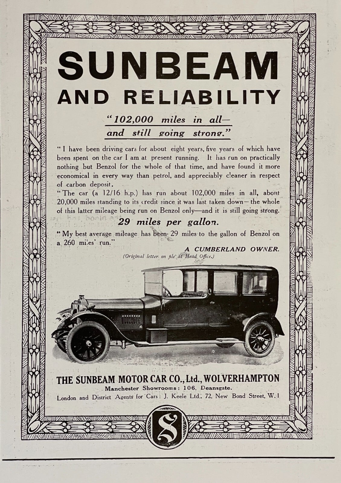 1919 Sunbeam Motor Car Co. British Car Antique Print Ad Motor Car Automobile