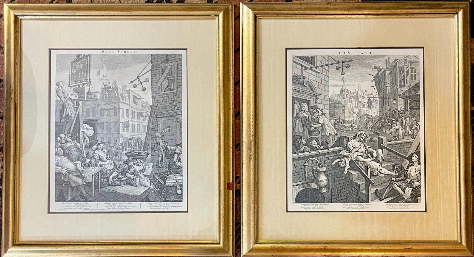 1822 BEER STREET & GIN LANE Authentic Hogarth Heath Ed. Antique Prints FRAMED