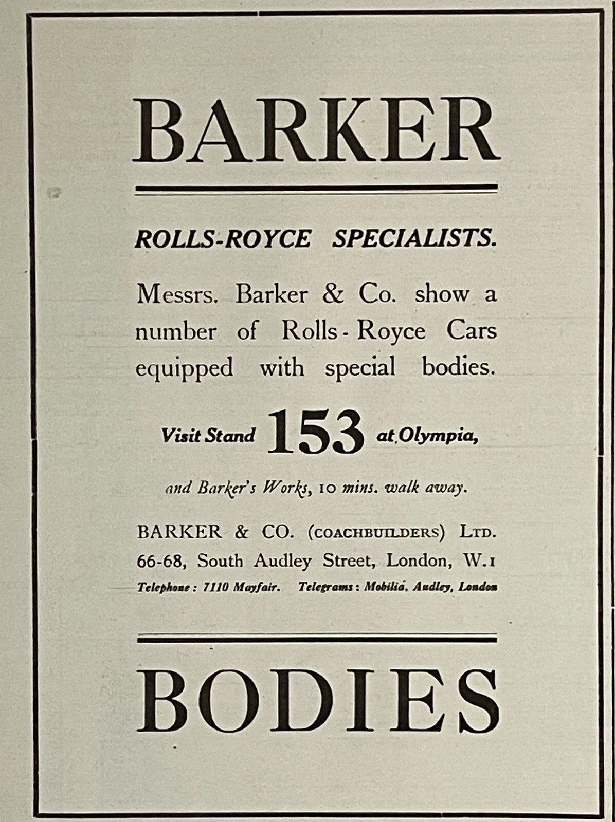 1919 Rolls Royce Barker & Co. Antique British Car Print Ad Olympia London