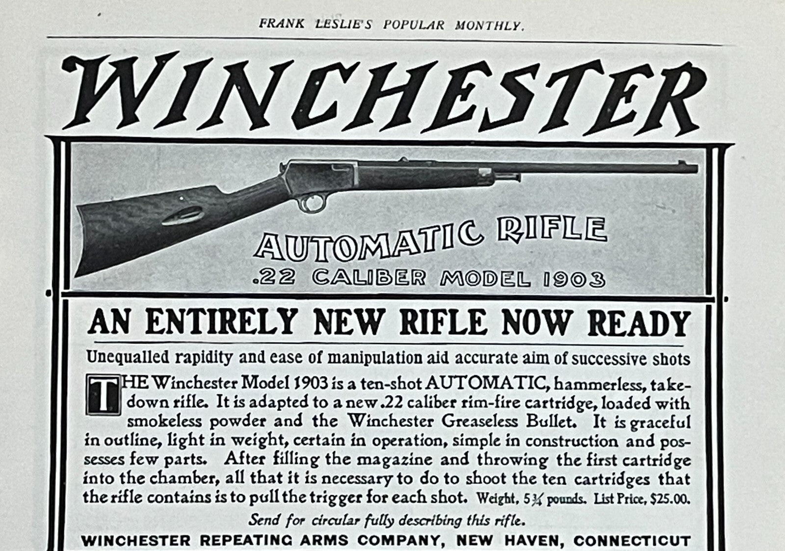 1903 Winchester Repeating Arms Co Antique Print Ad Model 1903 Rifle New Haven