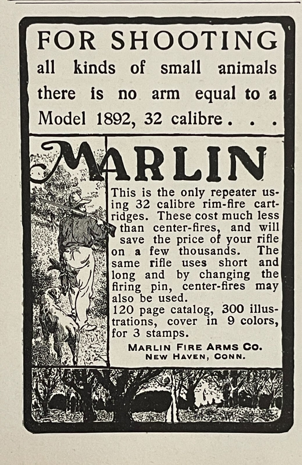 1903 Marlin Fire Arms Co. Antique Print Ad Model 1892 Hunting Dog New Haven CT