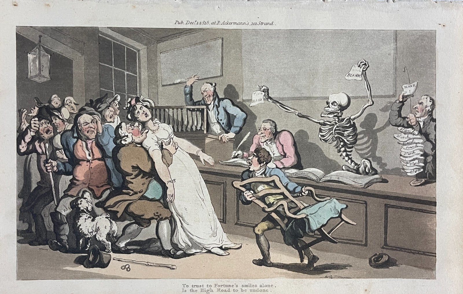 1816 Rowlandson THE LOTTERY OFFICE English Dance Of Death HC Aquatint Etching