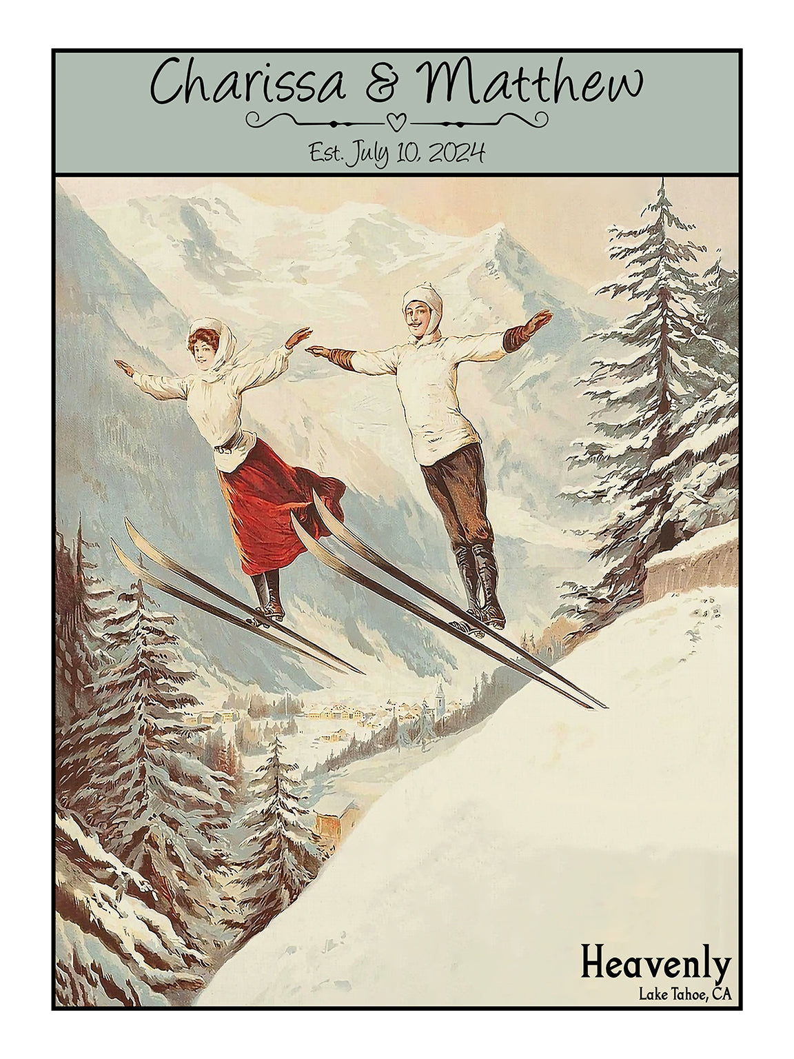a couple of people riding skis on top of a snow covered slope