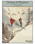 a couple of people riding skis on top of a snow covered slope