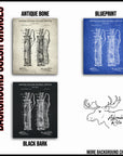 four different color choices for a background, including a black bark, a blueprint, a black bone, and a blueprint, along with a black moose illustration.