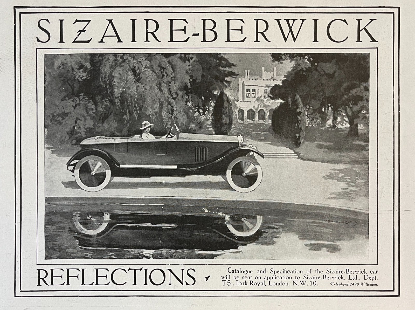 1919 Sizaire Berwick British Car Antique Print Ad Motor Car Reflections Art