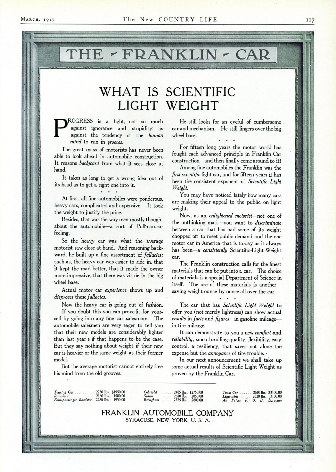 1917 Franklin Automobile Company Antique Car Scientific Print Ad Syracuse NY