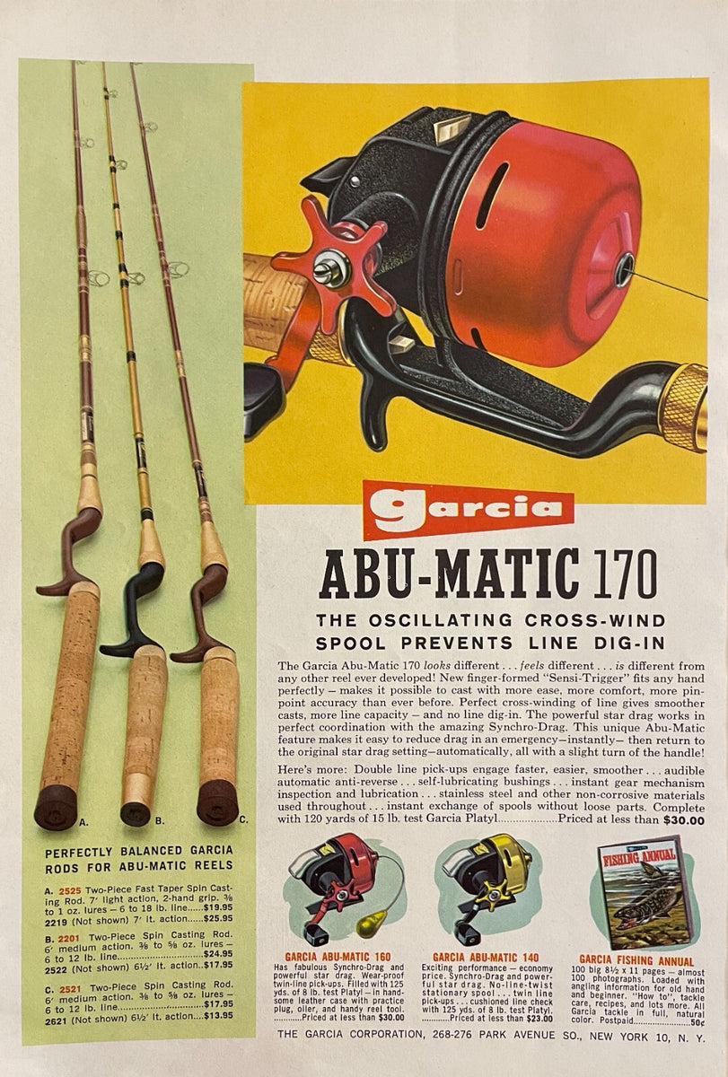 abu garcia abumatic rod used for sale 1961 Garcia Abu Matic 170 Reel Rods Vintage Fishing Magazine Ad –  Adirondack Retro