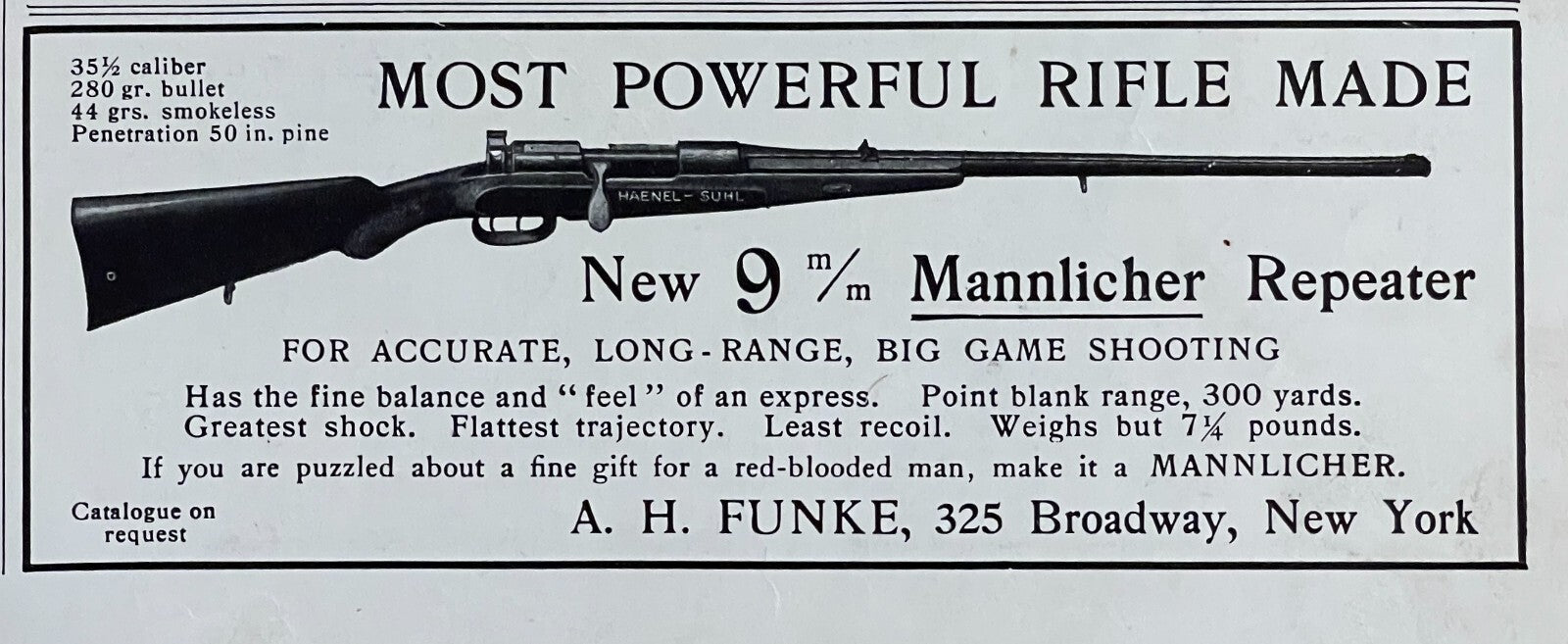 1903 Mannlicher Repeater Antique Print Ad A H Funke Rifle Gun New York Firearm