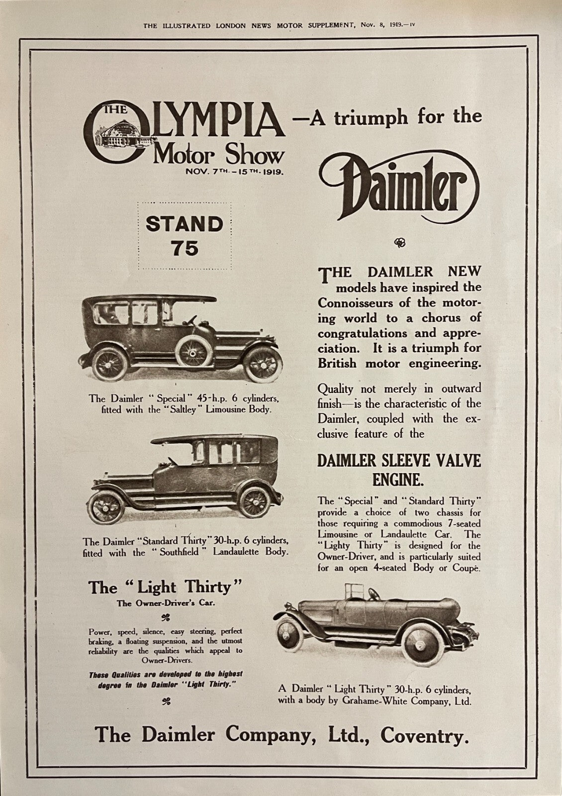 1919 Daimler Special UK Automobile Print Ad - Olympia Exhibition Motor Show