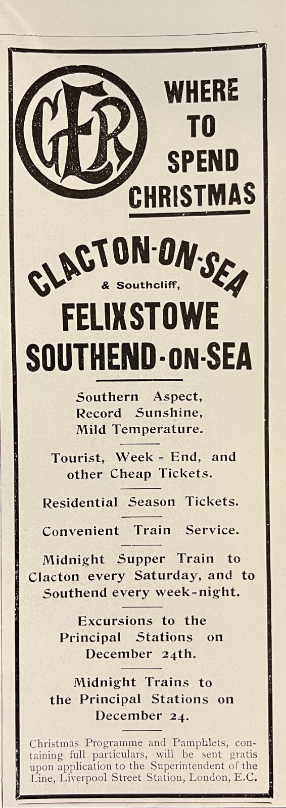 1912 G.E.R. Great Eastern Railway Railroad Print Christmas Travel Ad