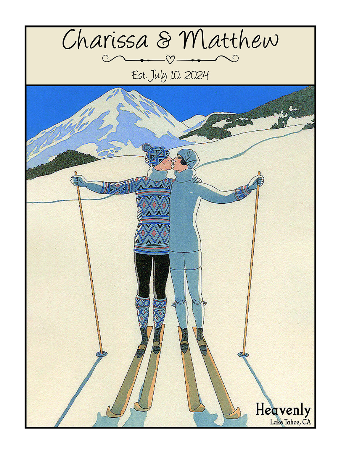 a couple of people riding skis on top of a snow covered slope