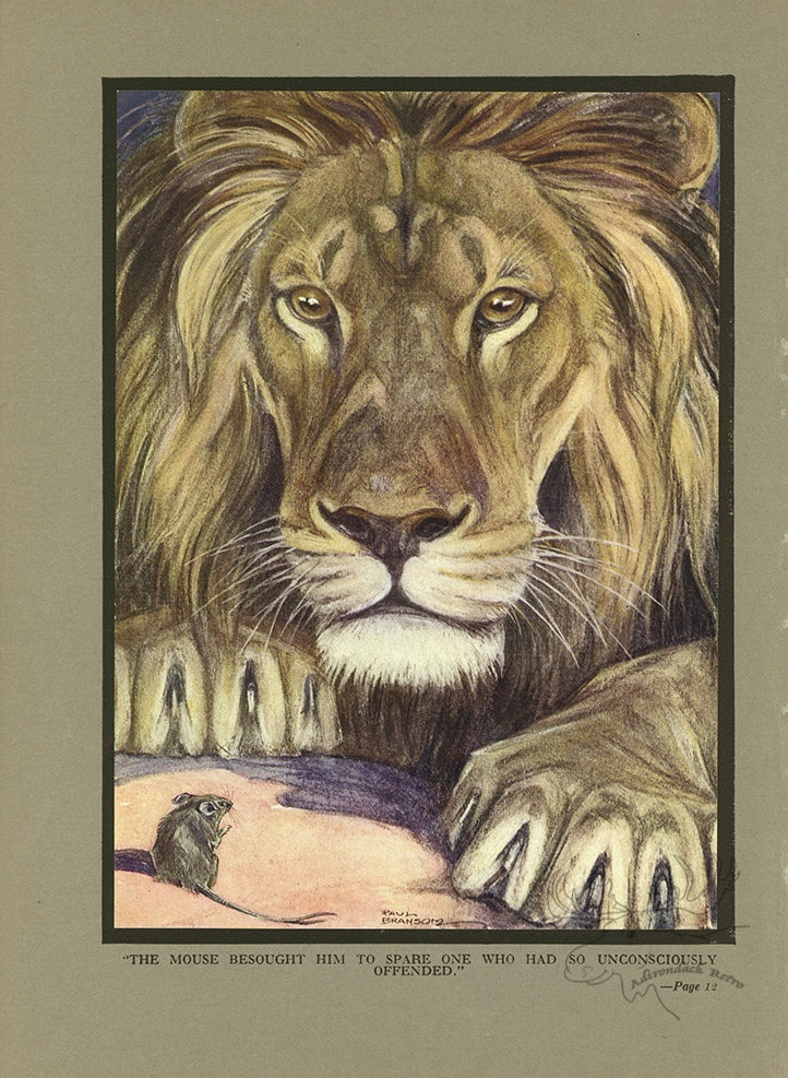 The Lion and The Mouse Limited Edition Tipped-In Color Book Plate - Paul Bransom Antique Print at Adirondack Retro
