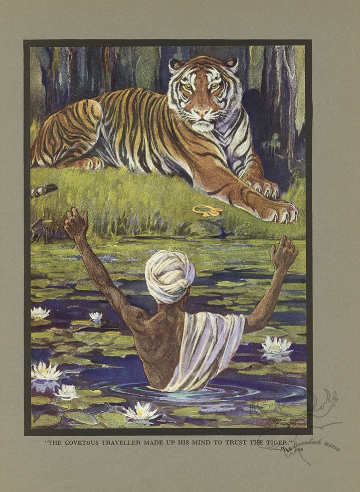 The Tiger And The Traveler Limited Edition Tipped-In Color Book Plate - Paul Bransom Antique Print at Adirondack Retro