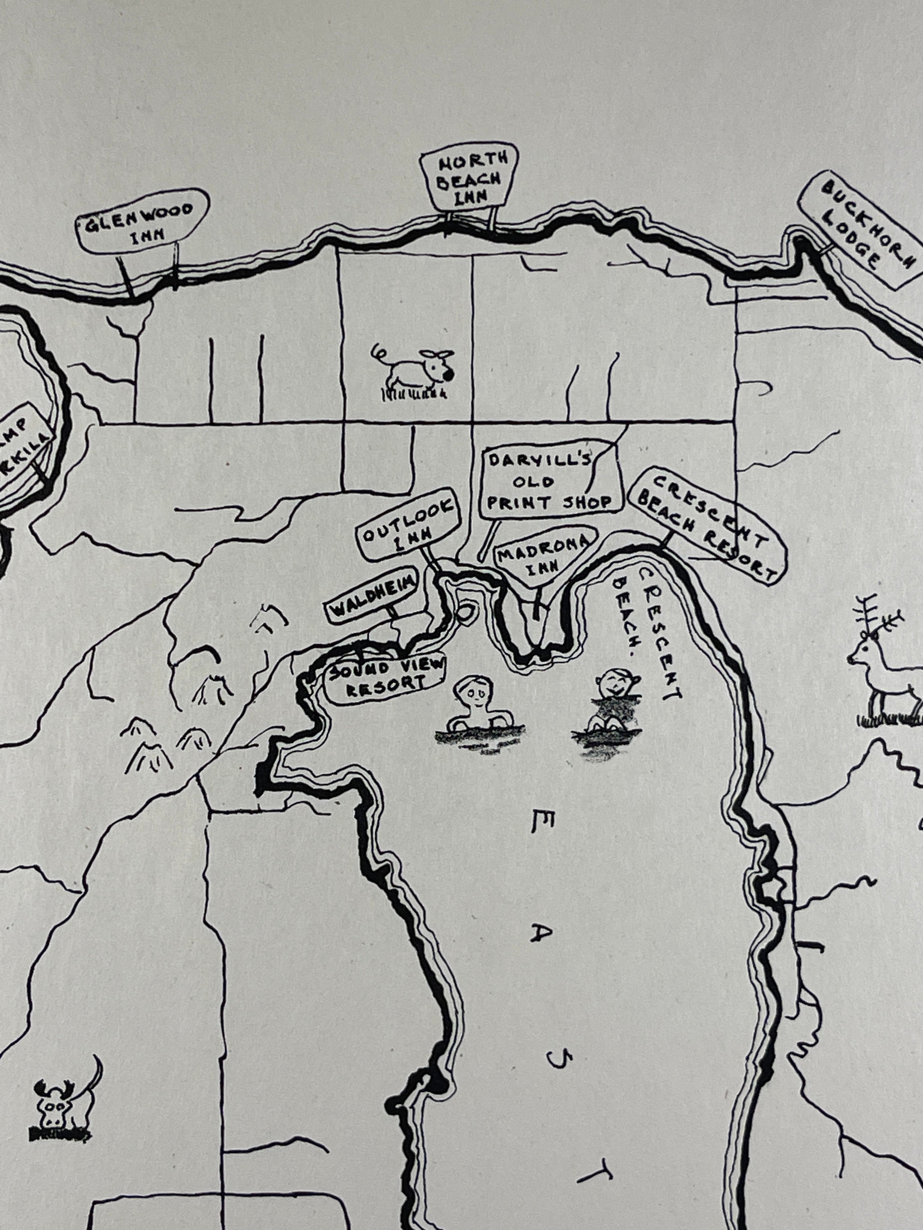 Ye Old Map of Orcas Island 1946 B&W Pictoral Map