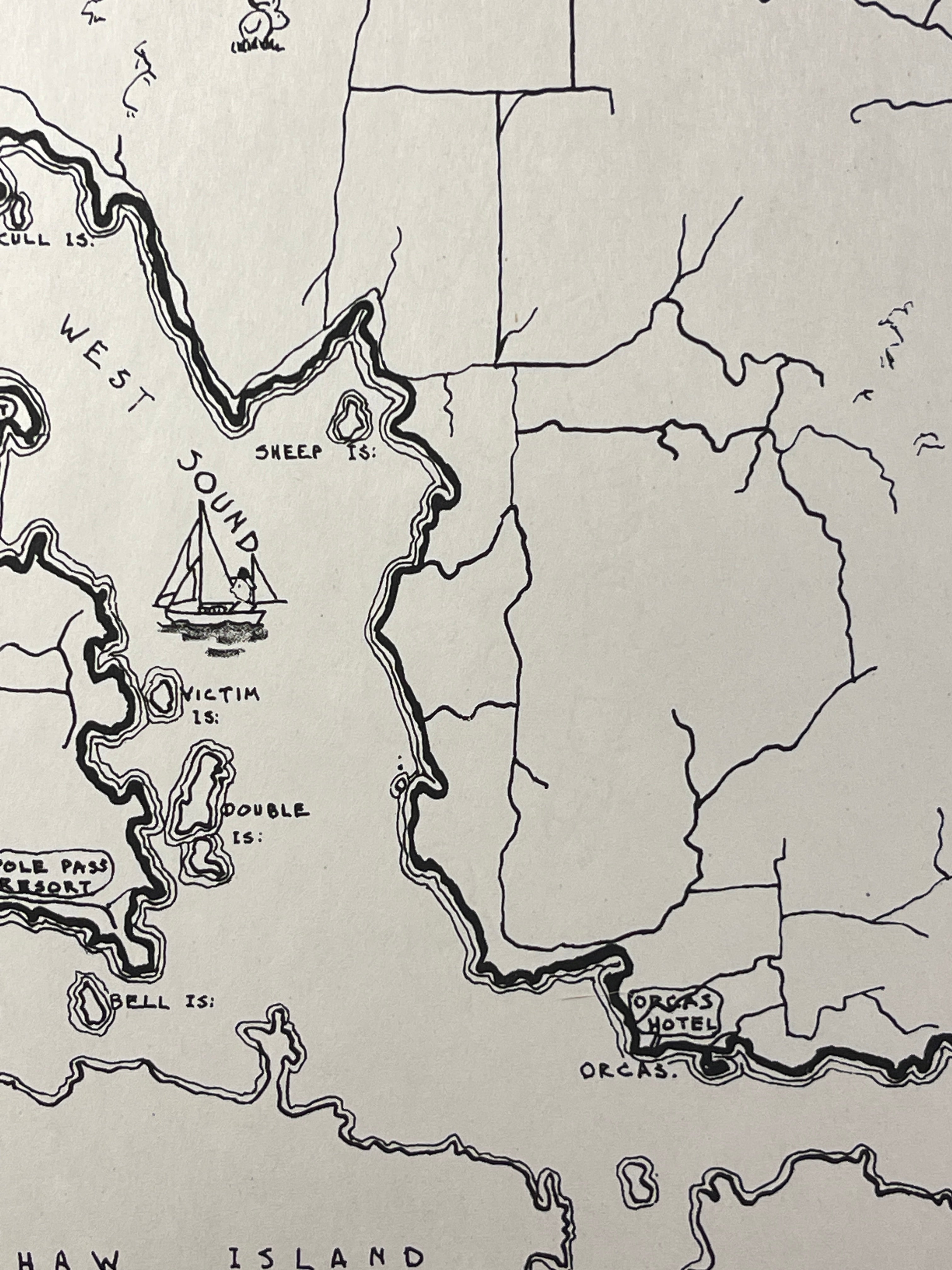 Ye Old Map of Orcas Island 1946 B&W Pictoral Map