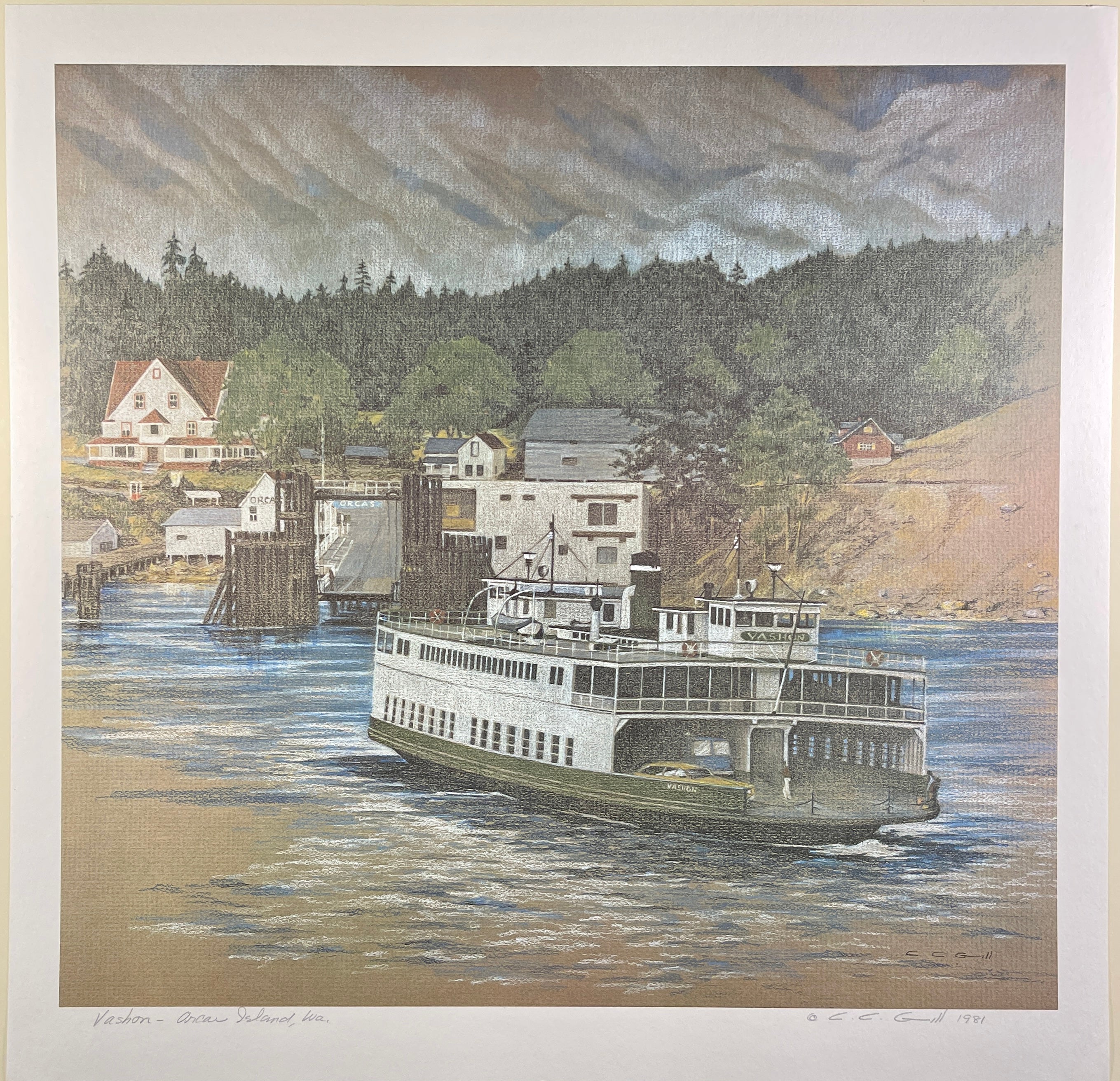 The Vashon Ferry Orcas Landing 1981 Artist Signed Print at Adirondack Retro