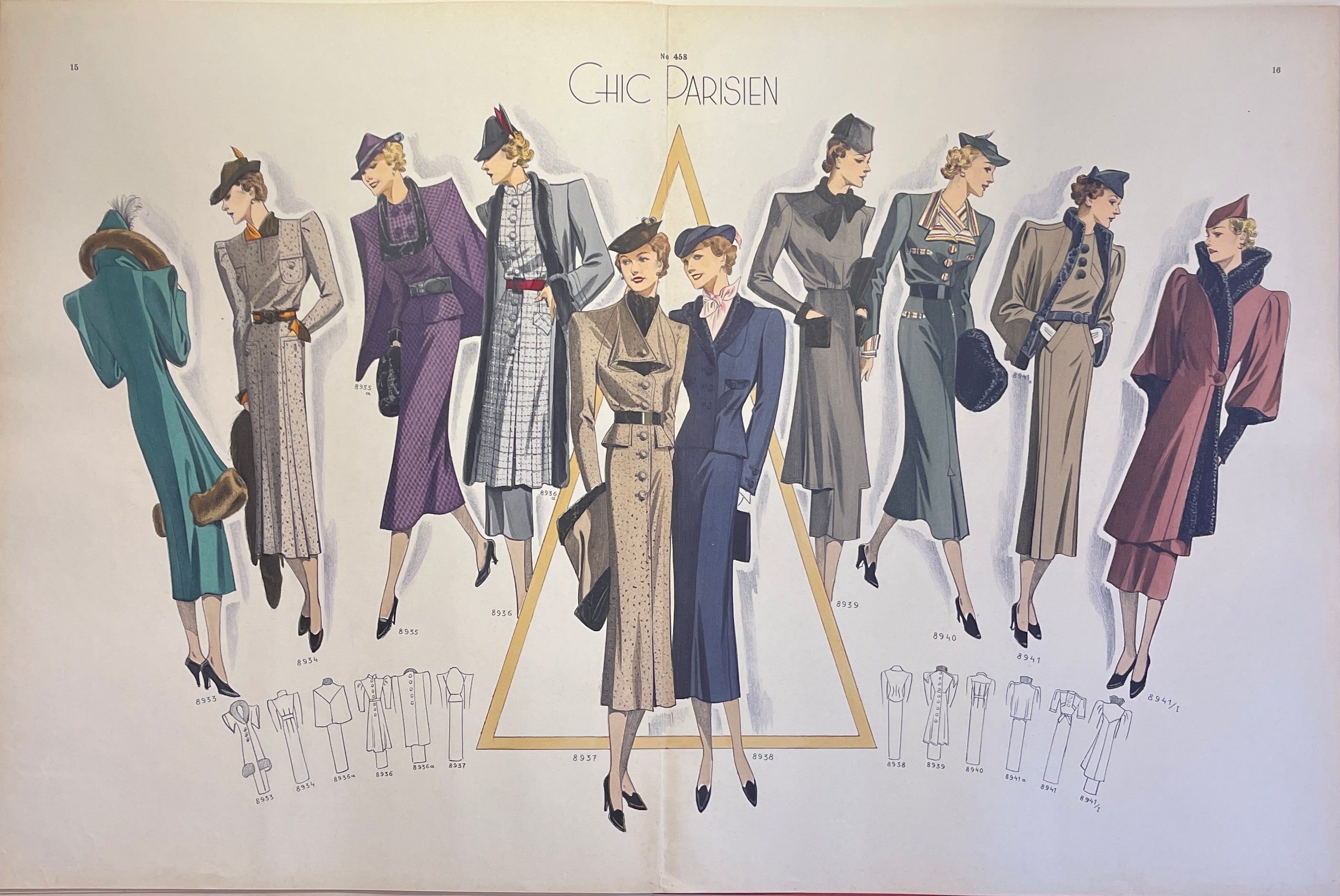 CHIC PARISIEN Nov 1936 Hand Colored 2-Page Lithograph Pl 15-16 French Fashion