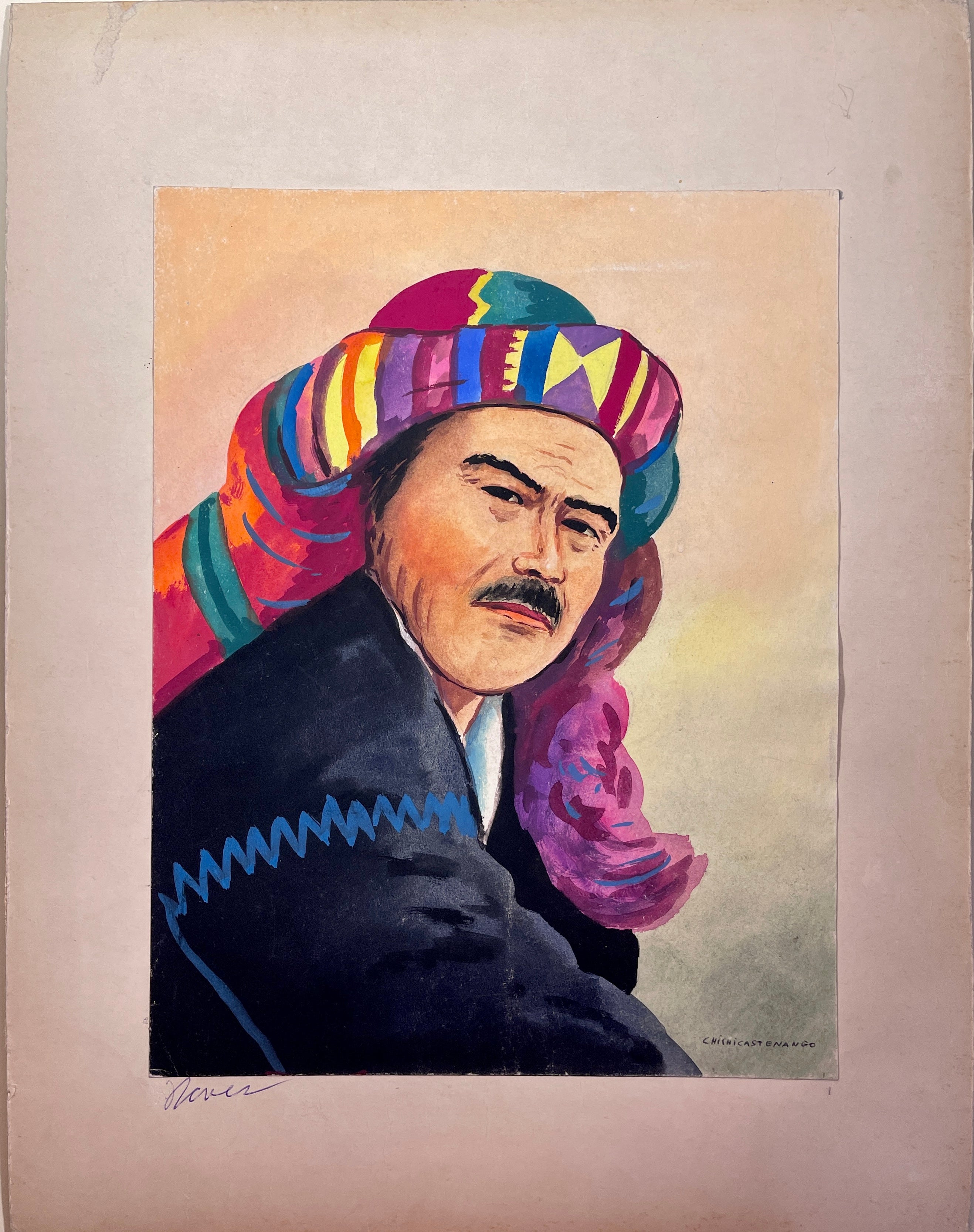 Maria Navas 1950 Signed Watercolor Painting - Mayan Man Portrait - Chichicastenango